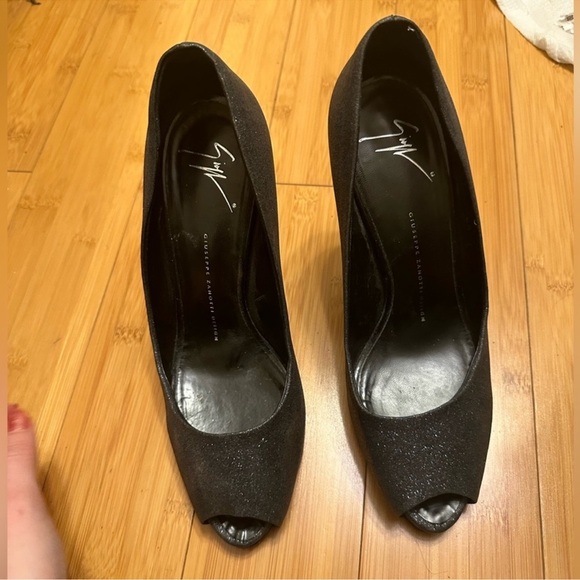 Giuseppe Zanotti Black Glitter Peep Toe Heels EU 40 US 9.5 10 - Picture 3 of 13